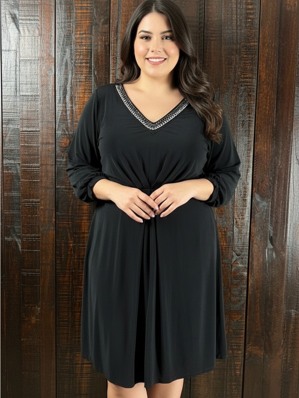 NY Collection Black V-Neck Dress with Chain Trim NWT 2X